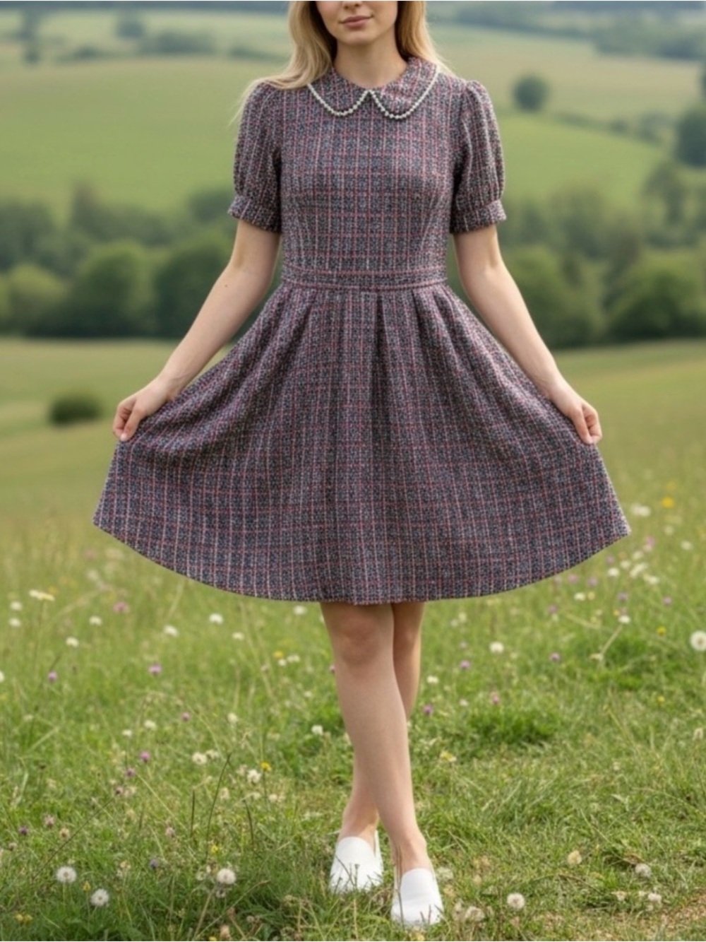 Ivy City Co Celine Dress in navy Plaid with Puff Sleeves Size Medium